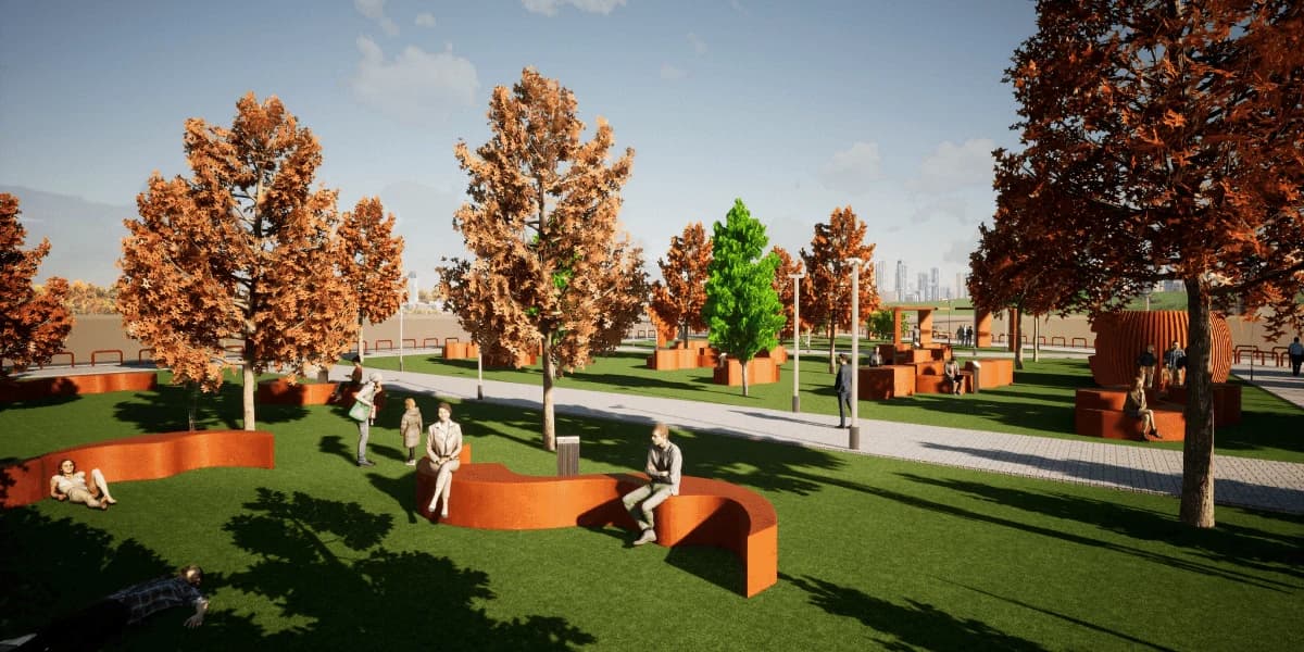 Rendering of the park with trees, lawn and orange benches