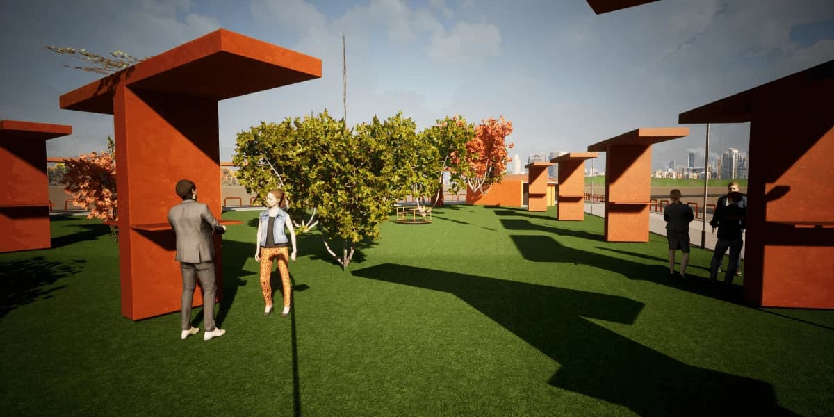 Rendering of shaded orange seating shelters on the lawn