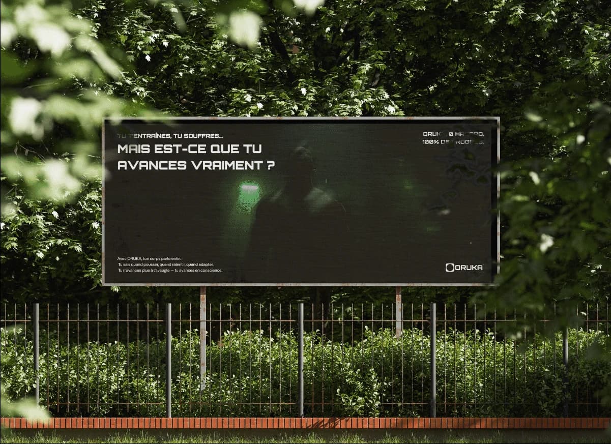 Oruka campaign billboard in a garden asking “Mais est-ce que tu avances vraiment ?”