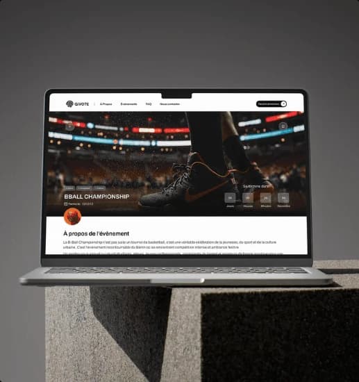 QiVOTE event page for a basketball championship shown on a laptop